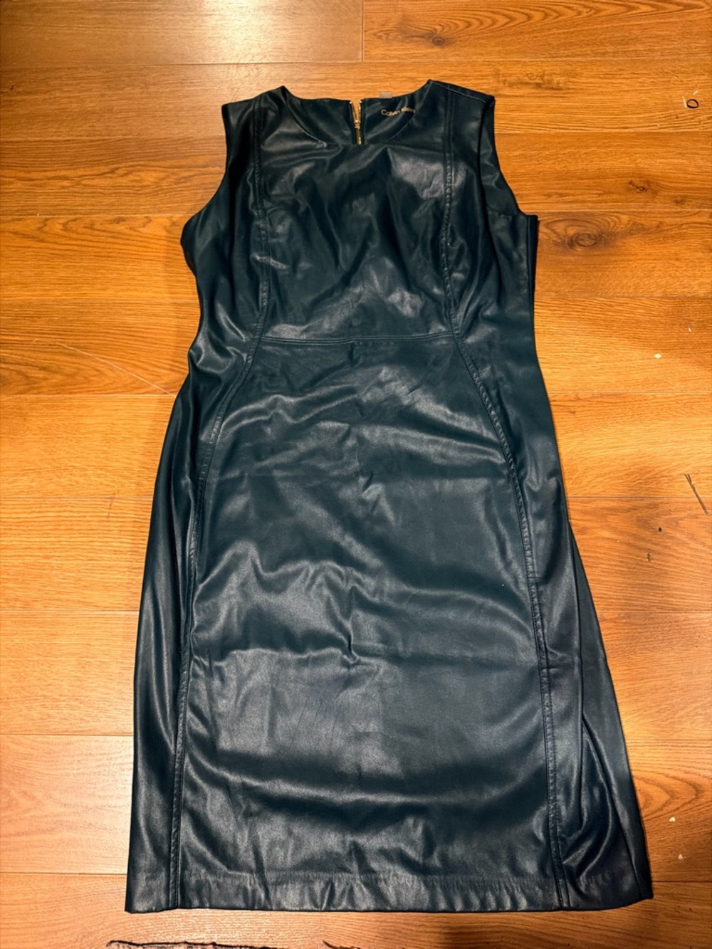 Calvin Klein Black Faux Leather Midi Sheath Dress